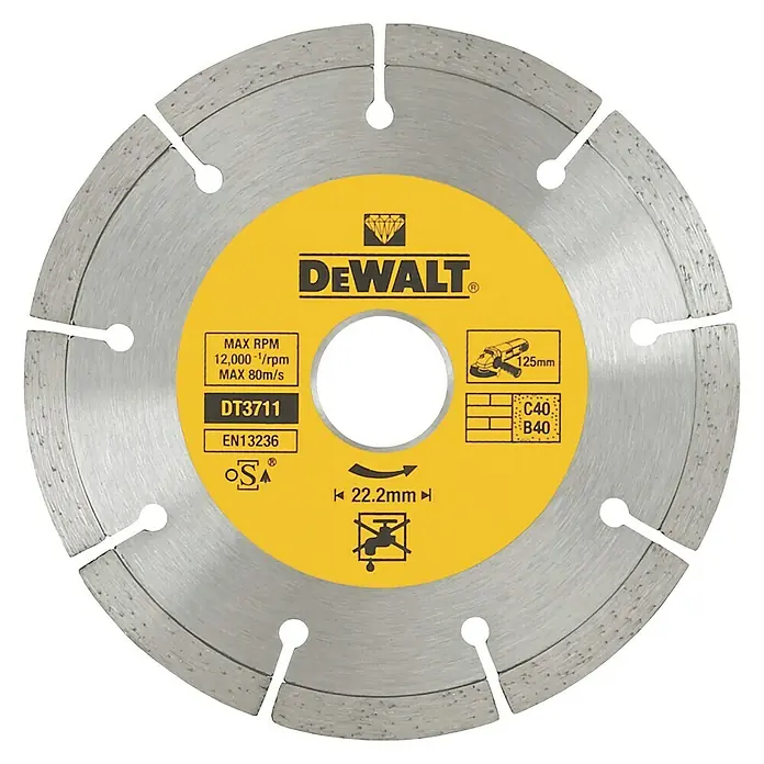 DeWalt Disco de corte DT3711-QZ - Orificio: 22,22 mm - Primer plano de un disco de corte de diamante DeWalt DT3711, perfecto para cortar piedra y azulejos, con detalles del producto.