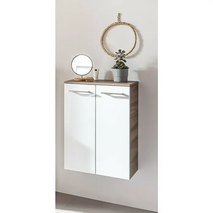 Fackelmann Verona Midischrank - B x T x H: 60,2 x 32 x 82,6 cm, Weiß Hochglanz/Nussbaum, Anzahl Schubladen: 1 Stk. - Zweiflügeliger Badschrank in Weiß und Holzoptik mit Spiegel, Pflanze und Dekoration. Ideal für Badezimmer.