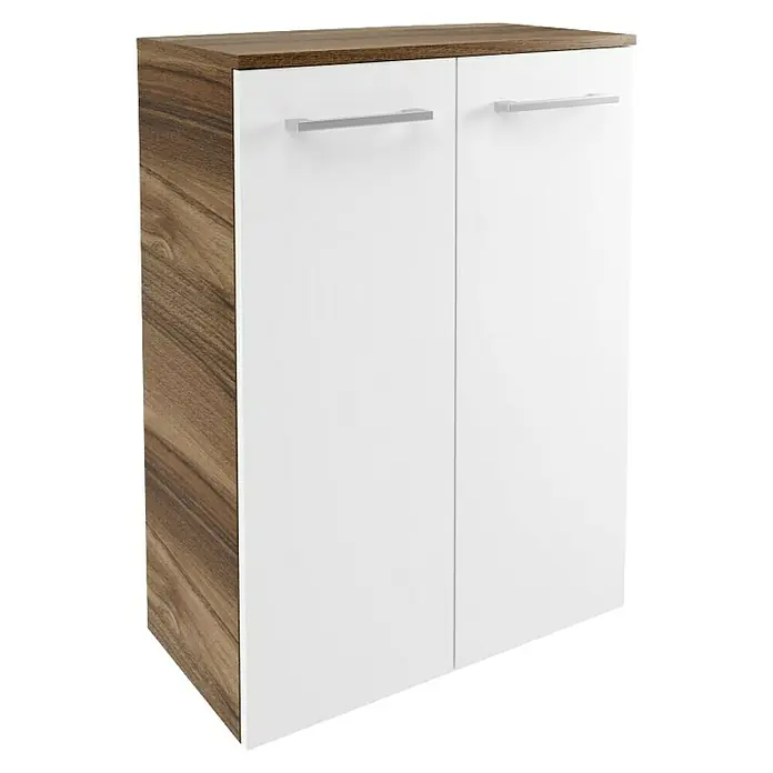 Fackelmann Verona Midischrank - B x T x H: 60,2 x 32 x 82,6 cm, Weiß Hochglanz/Nussbaum, Anzahl Schubladen: 1 Stk. - Modernes Badmöbel mit weißen Fronten und Holzstruktur an den Seiten. Die silbernen Griffe runden das Design ab.