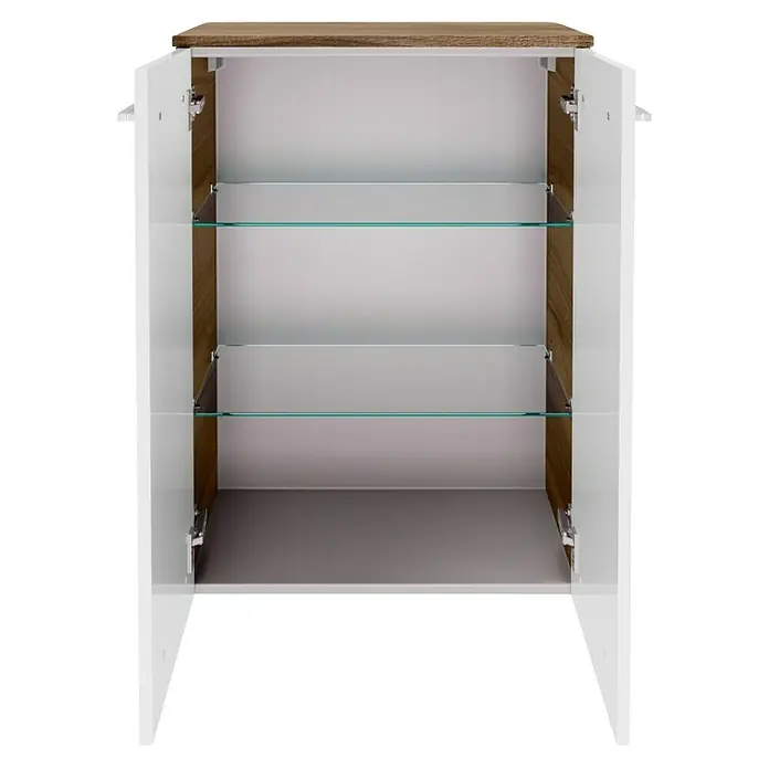 Fackelmann Verona Midischrank - B x T x H: 60,2 x 32 x 82,6 cm, Weiß Hochglanz/Nussbaum, Anzahl Schubladen: 0 Stk. - Foto von einem offenen weißen Schrank mit Holzakzenten und drei Glasböden.