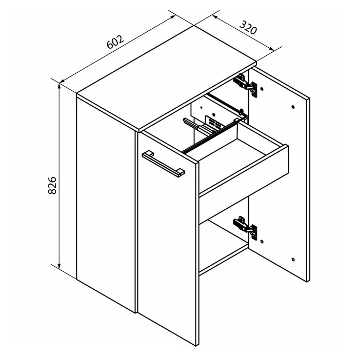 Fackelmann Verona Midischrank - B x T x H: 60,2 x 32 x 82,6 cm, Weiß Hochglanz/Nussbaum, Anzahl Schubladen: 1 Stk. - Abbildung eines Badezimmerschranks mit Schublade und Tür, der 826 mm hoch, 602 mm breit und 320 mm tief ist.