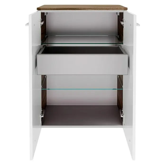 Fackelmann Verona Midischrank - B x T x H: 60,2 x 32 x 82,6 cm, Weiß Hochglanz/Nussbaum, Anzahl Schubladen: 1 Stk. - Bild eines offenen weißen Badezimmerschranks mit einem Schubfach und zwei Glasböden, ideal für die Badezimmerorganisation.