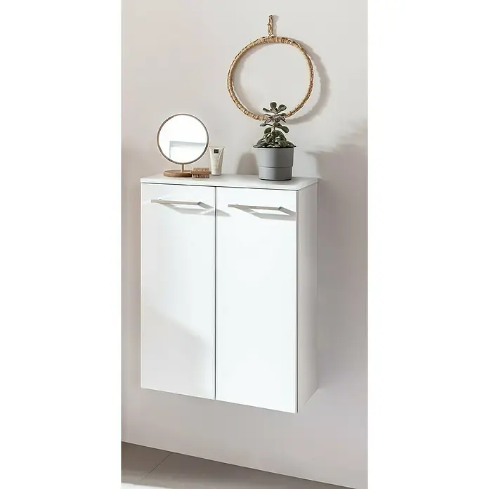 Fackelmann Verona Midischrank - B x T x H: 60,2 x 32 x 82,6 cm, Weiß Hochglanz, Anzahl Schubladen: 0 Stk. - Dieser stilvolle Badezimmerschrank in Weiß bietet praktischen Stauraum und verfügt über elegante Griffe, eine Ablagefläche mit Deko und einen passenden Spiegel.