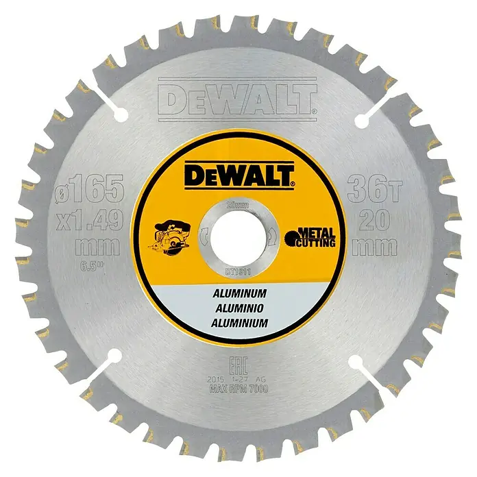 DeWalt Disco de sierra DT1911-QZ - Diámetro: 165 mm, Orificio: 20 mm, 36 ud. - Disco de sierra DeWalt de 165 mm de diámetro, ideal para cortar perfiles de aluminio, con 36 dientes y agujero de 20 mm.