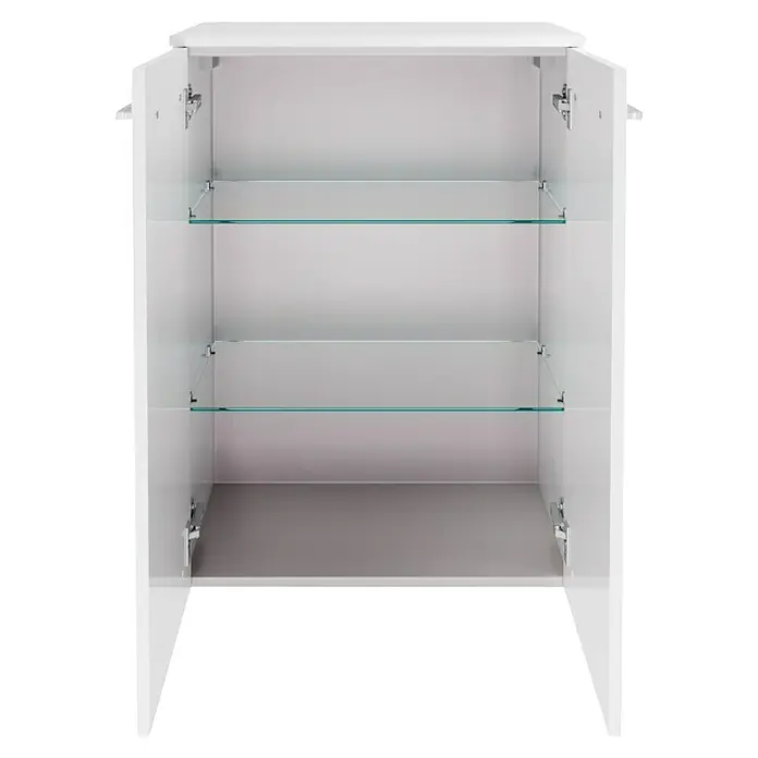 Fackelmann Verona Midischrank - B x T x H: 60,2 x 32 x 82,6 cm, Weiß Hochglanz, Anzahl Schubladen: 0 Stk. - Bild eines offenen weißen Badezimmerschranks mit zwei Glasböden und einem Ablagefach, ideal für die Aufbewahrung von Badutensilien.