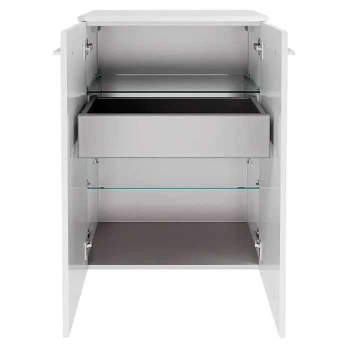 Fackelmann Verona Midischrank - B x T x H: 60,2 x 32 x 82,6 cm, Weiß Hochglanz, Anzahl Schubladen: 1 Stk. - Ein offener weißer Badezimmerschrank mit einem grauen Einsatz und Glasböden, der Stauraum und Stil vereint.