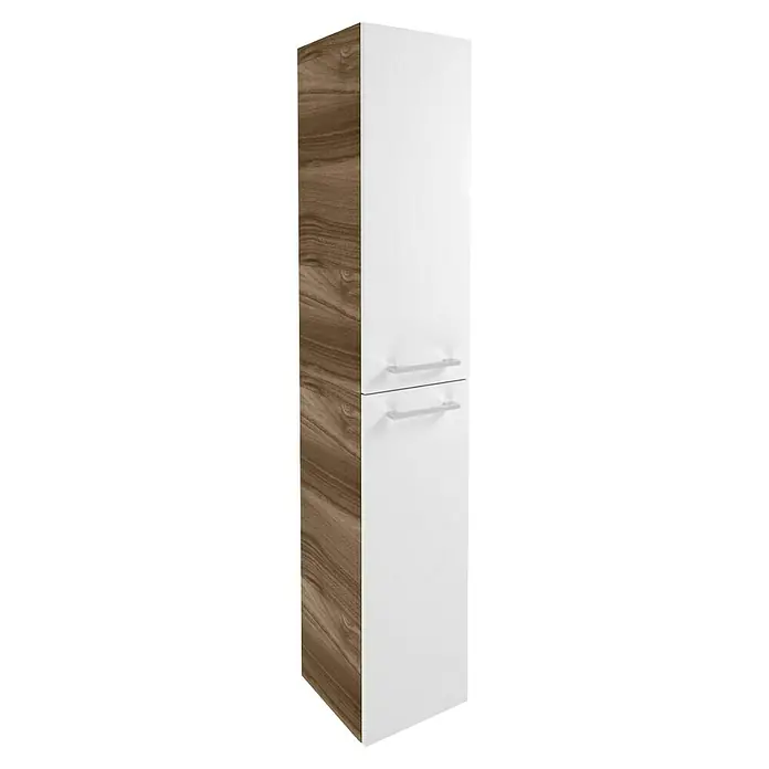 Fackelmann Verona Hochschrank - B x T x H: 30 x 31,8 x 162 cm, DIN Anschlag: Links, Weiß Hochglanz/Nussbaum Holzoptik - Schrank mit Holzdetails und weißen Türen mit Griffen, der Funktionalität und Ästhetik in Ihrem Raum vereint.