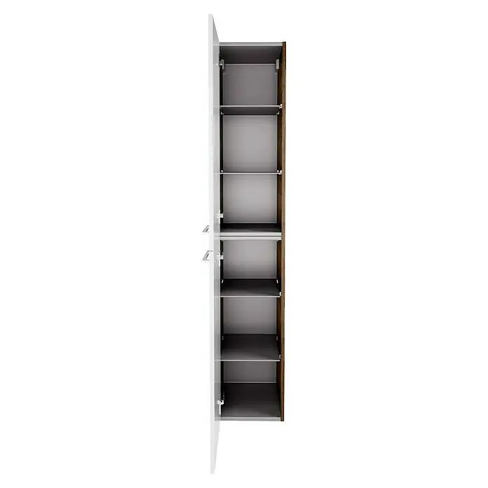 Fackelmann Verona Hochschrank - B x T x H: 30 x 31,8 x 162 cm, DIN Anschlag: Links, Weiß Hochglanz/Nussbaum Holzoptik - Innenansicht eines offenen, hochformatigen Schranks mit mehreren Regalböden. Der Schrank hat ein modernes Design mit weißen und Holzelementen.