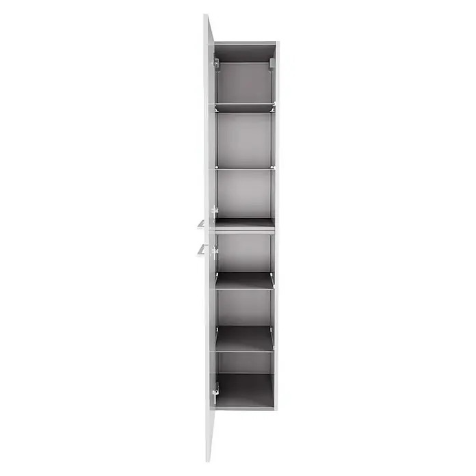 Fackelmann Verona Hochschrank - B x T x H: 30 x 31,8 x 162 cm, DIN Anschlag: Links, Weiß Hochglanz - Abbildung eines weißen, offenen Hochschranks mit fünf Einlegeböden. Der Schrank ist mit verstellbaren Regalböden ausgestattet.