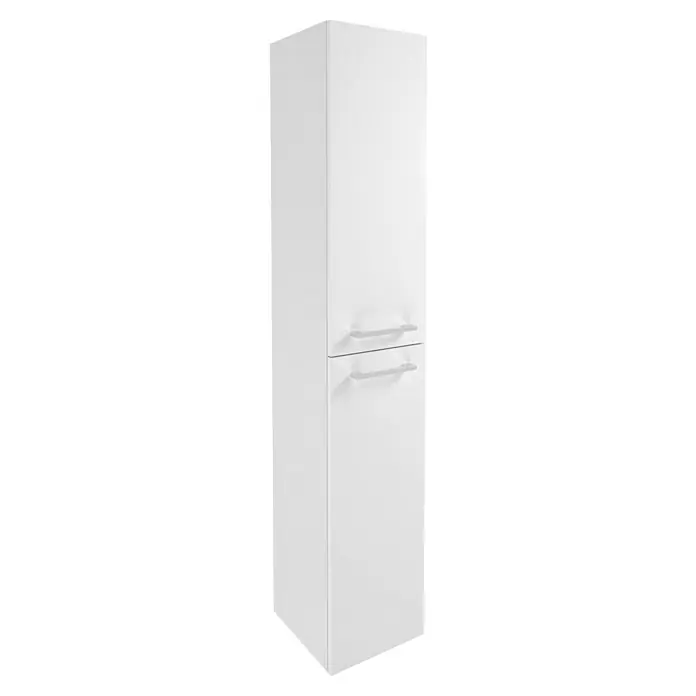 Fackelmann Verona Hochschrank - B x T x H: 30 x 31,8 x 162 cm, DIN Anschlag: Rechts, Weiß Hochglanz - Ein schlanker, weißer Badezimmerschrank mit zwei Schubladen und silbernen Griffen bietet eleganten Stauraum.