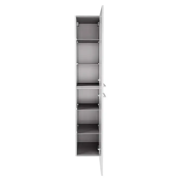 Fackelmann Verona Hochschrank - B x T x H: 30 x 31,8 x 162 cm, DIN Anschlag: Rechts, Weiß Hochglanz - Ein offener, schmaler, grauer Kleiderschrank mit mehreren Regalen und einer weißen Außenseite. Perfekt für die Aufbewahrung.