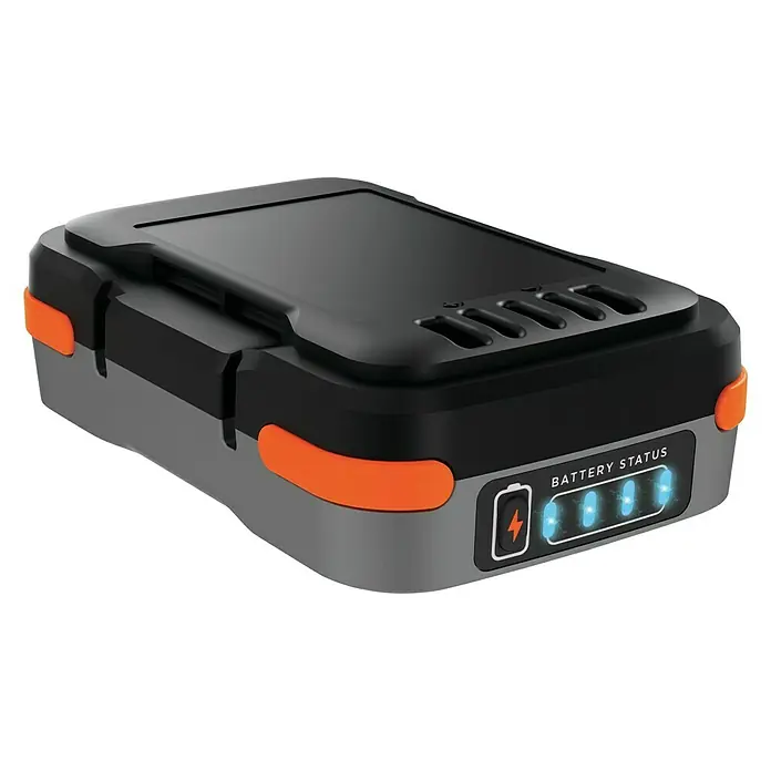 Black+Decker Batería BDCB12B-XJ - 12 V, 1,5 Ah - Paquete de baterías con indicador de estado de la batería que muestra más del 75% de carga. El paquete es negro, gris y naranja.