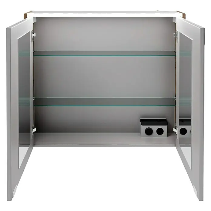 Fackelmann Verona LED-Spiegelschrank - 80 x 68,3 cm, Nussbaum Holzoptik - Offener Badezimmerschrank mit zwei Einlegeböden und einer Steckdosenleiste für elektrische Geräte. Modernes Design.