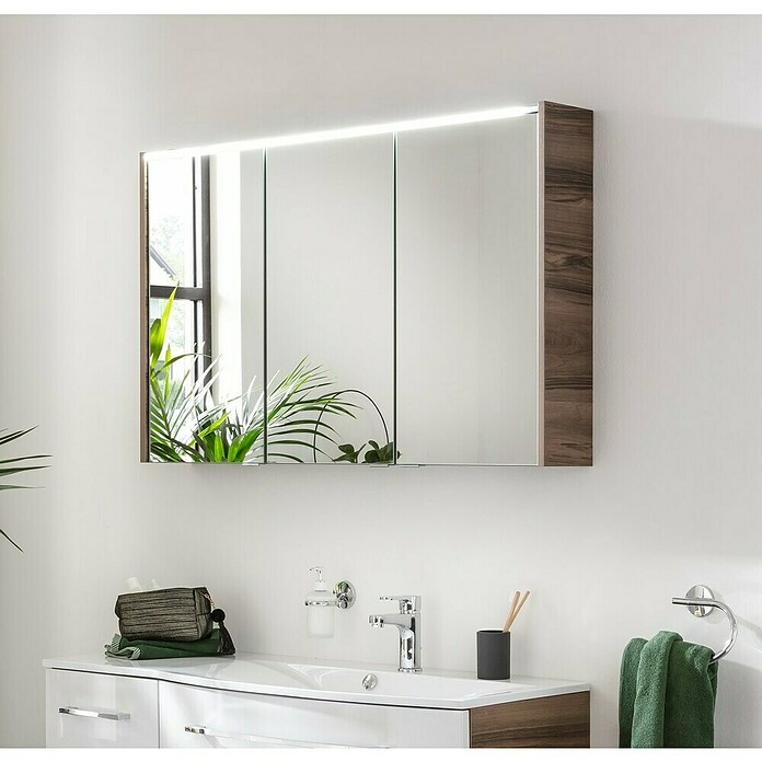Fackelmann Verona LED-Spiegelschrank (110 x 68,3 cm, Weiß/Braun) | BAUHAUS