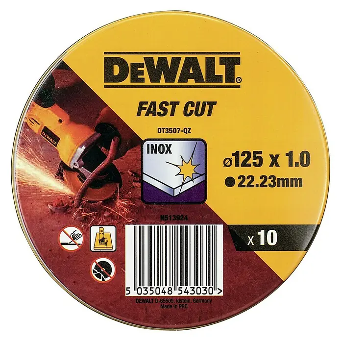 DeWalt Fast Cut Disco de corte DT3507-QZ - Orificio: 22,23 mm - Disco de corte DeWalt Fast Cut con dimensiones ø125 x 1.0 y 22.23mm, apto para INOX, en un paquete de 10 unidades.