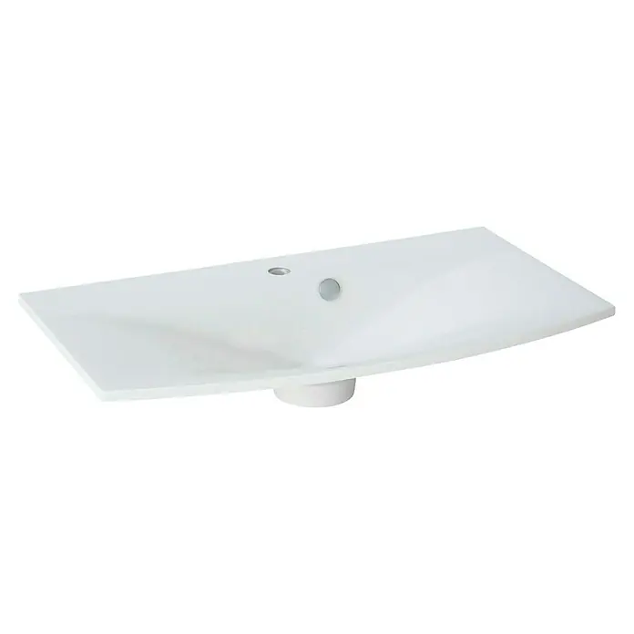 Fackelmann Verona Einbauwaschbecken - B x L: 80 x 46 cm, Hahnloch: Mitte, Weiß, Aus Marmorguss - Eine Waschbeckenuntersicht in Weiß, minimalistisch und modern gestaltet, mit glatten Oberflächen und abgerundeten Formen für Badezimmer.