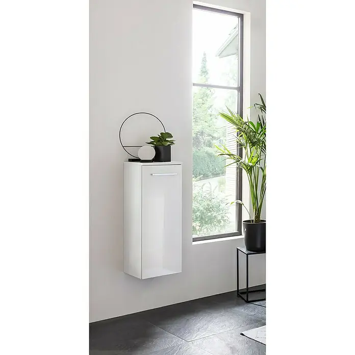 Fackelmann Verona Midischrank - B x T x H: 30,2 x 32 x 82,6 cm, DIN Anschlag: Links, Weiß Hochglanz - Modernes Badezimmer-Ambiente mit einem eleganten, hochglanzweißen Hängeschrank. Perfekt für stilvolle Aufbewahrungslösungen und zeitgemäßes Design.