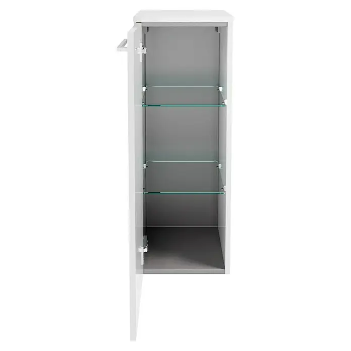 Fackelmann Verona Midischrank - B x T x H: 30,2 x 32 x 82,6 cm, DIN Anschlag: Links, Weiß Hochglanz - Ein weißer, hochglänzender Medizinschrank mit einer Tür, die sich nach links öffnet, und drei durchsichtigen Glasböden im Inneren.