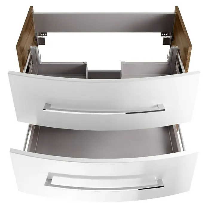 Fackelmann Verona Waschtischunterschrank - B x T x H: 79,4 x 45,5 x 57,5 cm, Weiß Hochglanz/Nussbaum Holzoptik - Ein Badezimmerschrank mit zwei offenen Schubladen, der Stauraum und Organisation bietet. Die weißen Fronten sorgen für ein modernes Aussehen.