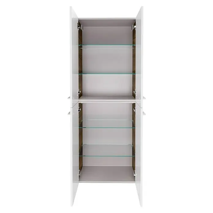 Fackelmann Verona Hochschrank - B x T x H: 60 x 31,8 x 162 cm, Weiß Hochglanz/Nussbaum Holzoptik, Anzahl Schubladen: 0 Stk. - Offener weißer Vitrinenschrank mit Glasböden und hölzernen Seitenwänden. Das Möbelstück bietet viel Stauraum und Ausstellungsfläche.