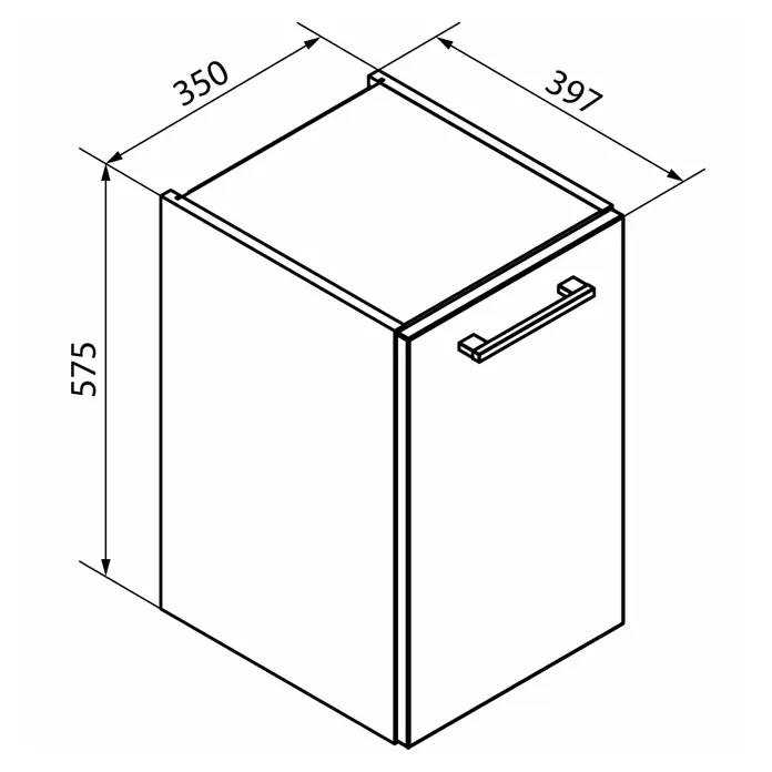 Fackelmann Verona Unterschrank - B x T x H: 35 x 39,7 x 57,5 cm, DIN Anschlag: Links, Weiß Hochglanz/Nussbaum Holzoptik - Zeichnung eines Waschtischunterschranks mit den Maßen 350x397x575 mm. Das Möbelstück ist mit einem Griff ausgestattet.
