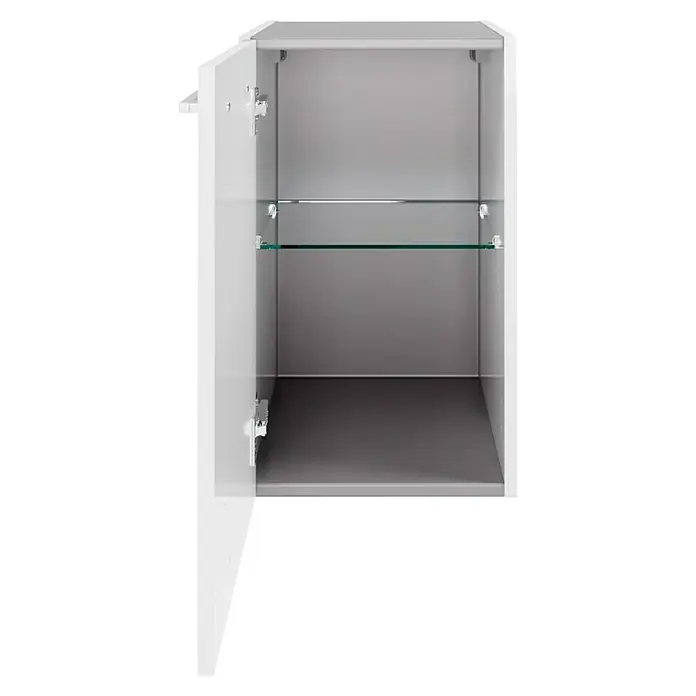 Fackelmann Verona Unterschrank - B x T x H: 35 x 39,7 x 57,5 cm, DIN Anschlag: Links, Weiß Hochglanz - Offener Badezimmerschrank in Weiß mit Glasablage für Badutensilien und Kosmetikartikel, zur Wandmontage geeignet.