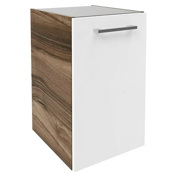 Fackelmann Verona Unterschrank - B x T x H: 35 x 39,7 x 57,5 cm, DIN Anschlag: Links, Weiß Hochglanz/Nussbaum Holzoptik - Eleganter Waschtischunterschrank in Holzoptik und Weiß mit Griff, ideal für moderne Badezimmer. Perfekte Stauraumlösung.