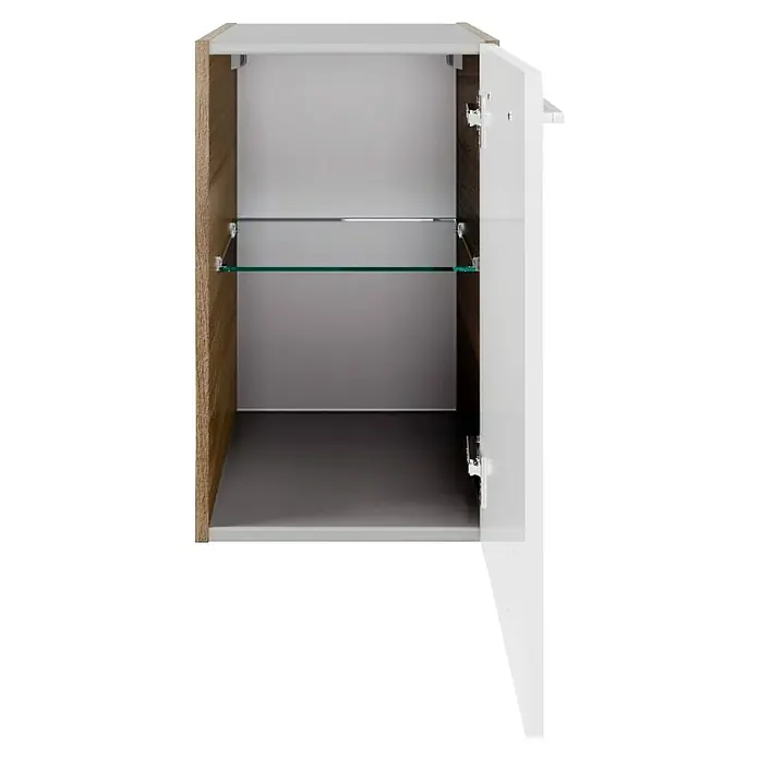 Fackelmann Verona Unterschrank - B x T x H: 35 x 39,7 x 57,5 cm, DIN Anschlag: Rechts, Weiß Hochglanz/Nussbaum Holzoptik - Das Bild zeigt einen geöffneten Badezimmerschrank mit einer Glasablage und einer weißen Tür, die einen Einblick in das Innere des Schranks gewährt.