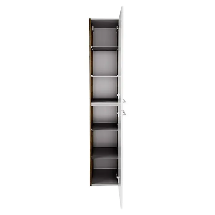 Fackelmann Verona Hochschrank - B x T x H: 30 x 31,8 x 162 cm, DIN Anschlag: Rechts, Weiß Hochglanz/Nussbaum Holzoptik - Das Bild zeigt einen offenen, schmalen Hochschrank mit weißen Türen und mehreren Regalböden, ideal für zusätzlichen Stauraum im Haus.
