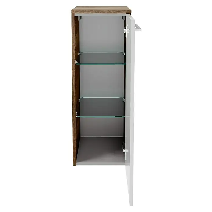 Fackelmann Verona Midischrank - B x T x H: 30,2 x 32 x 82,6 cm, DIN Anschlag: Rechts, Weiß Hochglanz/Nussbaum - Offener Badezimmerschrank mit Holzakzenten und Glasböden, der Stauraum und Stil vereint. Ideal für jedes moderne Badezimmer.
