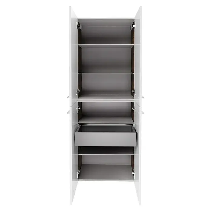 Fackelmann Verona Hochschrank - B x T x H: 60 x 31,8 x 162 cm, Weiß Hochglanz/Nussbaum Holzoptik, Anzahl Schubladen: 1 Stk. - Dieser Artikel zeigt einen geräumigen Kleiderschrank in Hochglanzweiß mit einer Schublade und mehreren Regalen für optimale Organisation.