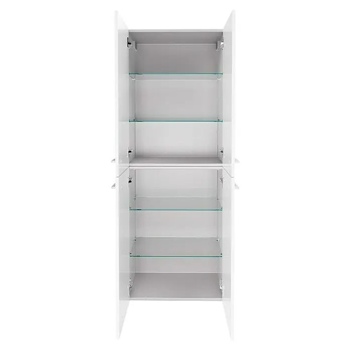 Fackelmann Verona Hochschrank - B x T x H: 60 x 31,8 x 162 cm, Weiß Hochglanz, Anzahl Schubladen: 0 Stk. - Innenansicht eines weißen Badezimmerschranks mit mehreren Glasregalen, die viel Stauraum bieten. Ideal für die Organisation von Badutensilien.