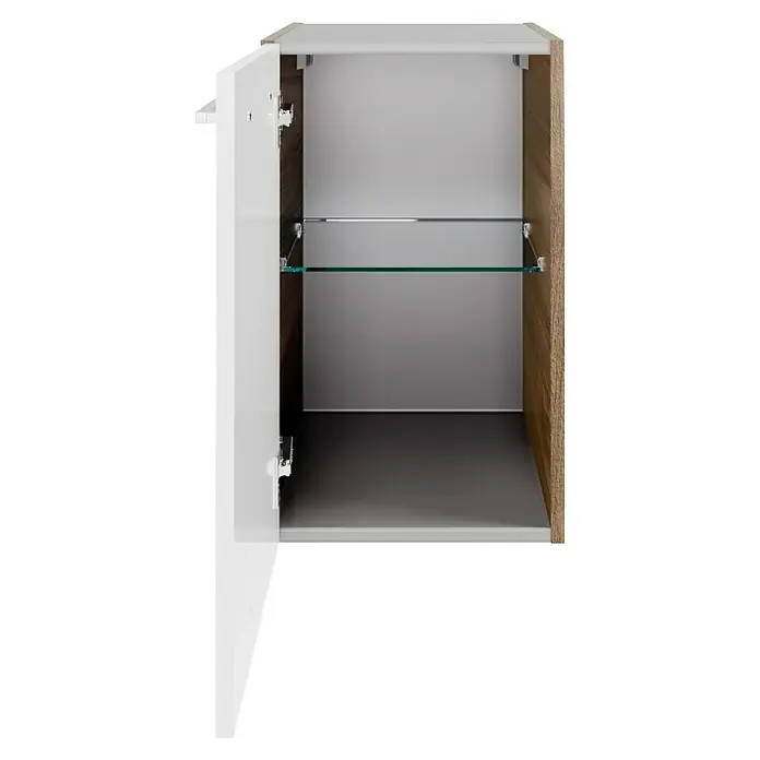 Fackelmann Verona Unterschrank - B x T x H: 35 x 39,7 x 57,5 cm, DIN Anschlag: Links, Weiß Hochglanz/Nussbaum Holzoptik - Ein offener Badezimmerschrank mit einer Glastrennwand und weißen Fronten, der Stauraum und stilvolles Design bietet.