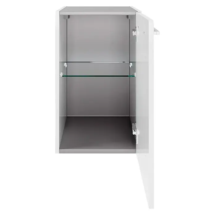 Fackelmann Verona Unterschrank - B x T x H: 35 x 39,7 x 57,5 cm, DIN Anschlag: Rechts, Weiß Hochglanz - Bild eines offenen, weißen Badezimmerschranks mit einem Glasregal, der einen klaren und modernen Stauraum zeigt.