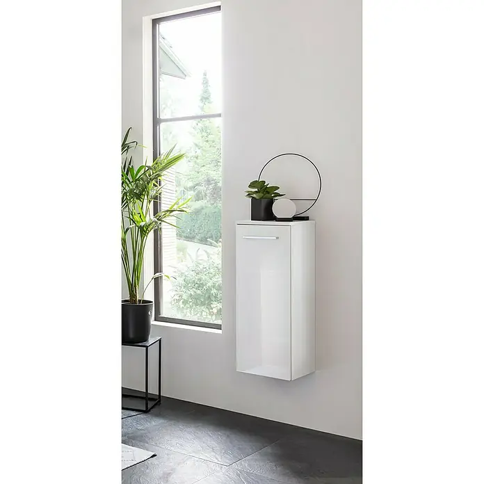 Fackelmann Verona Midischrank - B x T x H: 30,2 x 32 x 82,6 cm, DIN Anschlag: Rechts, Weiß Hochglanz - Dieses Bild zeigt einen modernen, glänzend weißen Hängeschrank mit minimalistischem Design, der perfekt für stilvolle Badezimmer oder Flure geeignet ist.