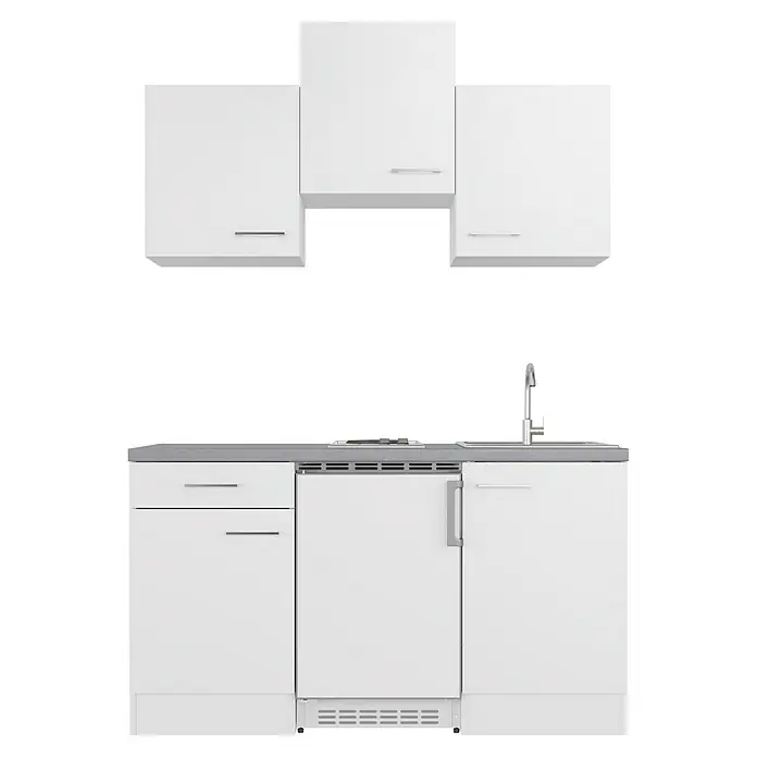 Flex-Well Rom  Singleküche - Breite: 150 cm, Weiß, Mit Elektrogeräten - Einbauküche mit weißen Fronten und grauer Arbeitsplatte, bestehend aus Schränken, Schubladen und einem Spülbecken mit Armatur.