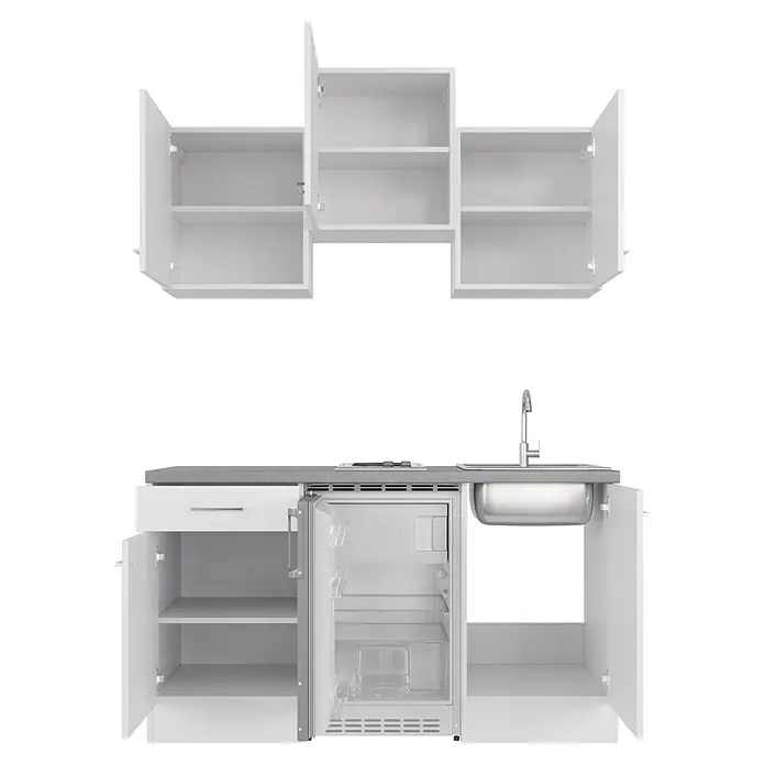 Flex-Well Rom  Singleküche - Breite: 150 cm, Weiß, Mit Elektrogeräten - Weiße Küchenzeile mit Spüle, Kühlschrank und Hängeschränken. Moderne Ausstattung für eine stilvolle Küche.