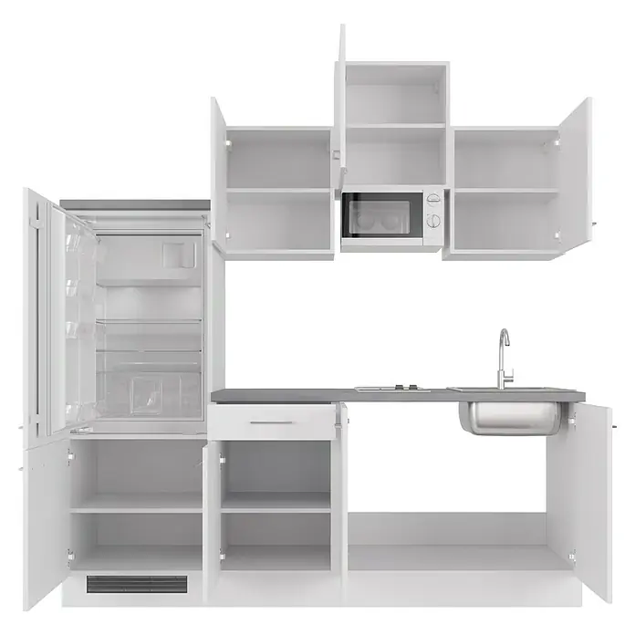 Flex-Well Rom  Singleküche mit Mikrowelle - Breite: 210 cm, Weiß, Mit Elektrogeräten - Helle Küchenzeile mit weißen Schränken, Kühlschrank und Spüle. Das moderne Design bietet viel Stauraum und eine praktische Anordnung.