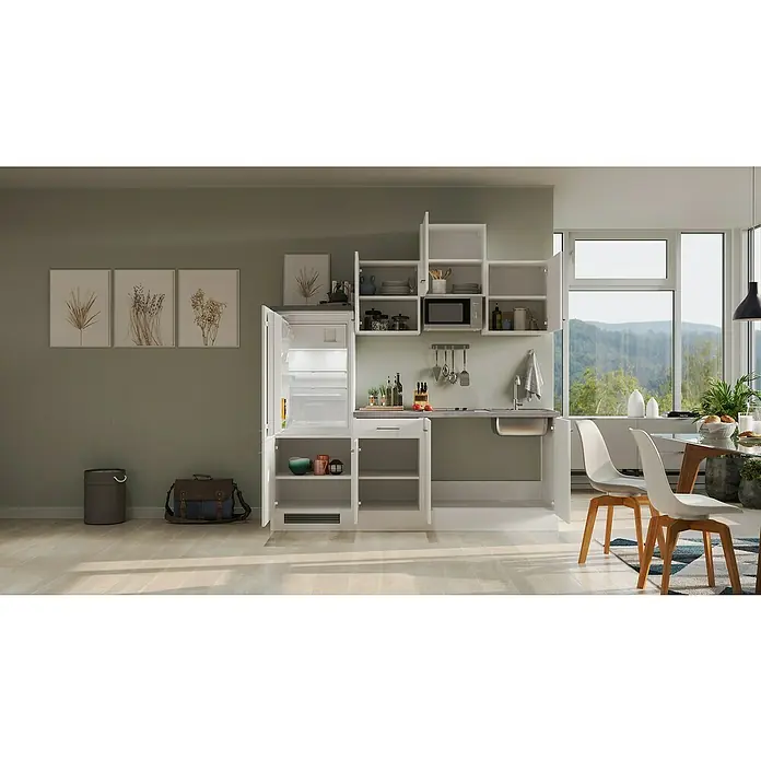 Flex-Well Rom  Singleküche mit Mikrowelle - Breite: 210 cm, Weiß, Mit Elektrogeräten - Moderne Küche mit weißen Schränken, integriertem Kühlschrank und Mikrowelle. Helle Arbeitsplatte und viel Stauraum in einem kompakten Design.