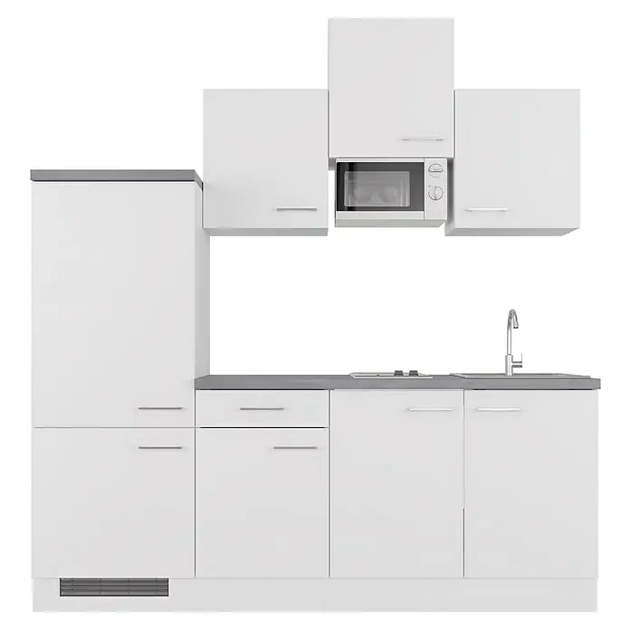 Flex-Well Rom  Singleküche mit Mikrowelle - Breite: 210 cm, Weiß, Mit Elektrogeräten - Moderne weiße Einbauküche mit Spüle, Mikrowelle und Stauraum für stilvolle und funktionale Küchen.