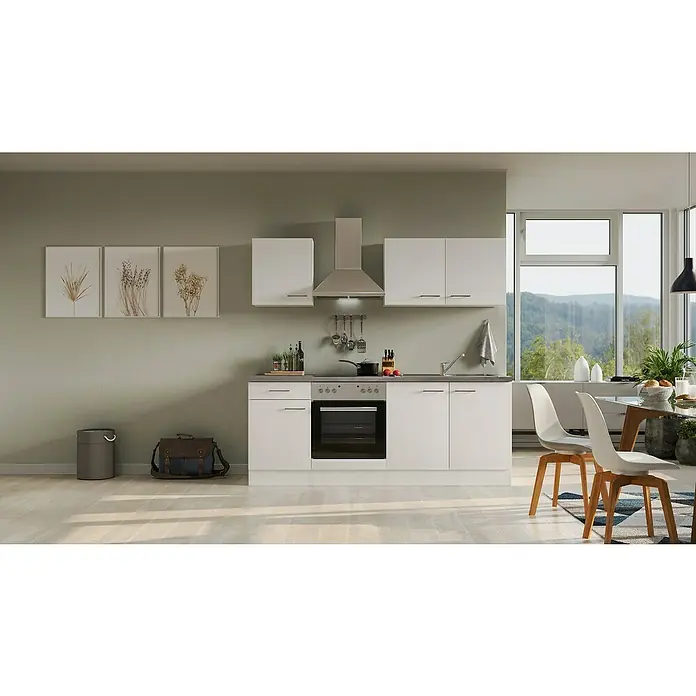 Flex-Well Rom  Singleküche - Breite: 210 cm, Weiß, Mit Elektrogeräten - Helle Küche mit modernen weißen Schränken und Geräten, die ein sauberes und minimalistisches Design zeigen.