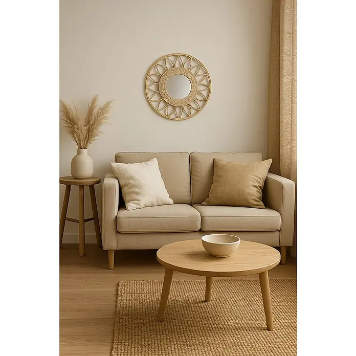 Espejo de pared Oppo - Diámetro: 50 cm, Natural - Elegante sala de estar con sofá beige, mesa de centro de madera, espejo y hierba de la pampa, creando un ambiente acogedor.