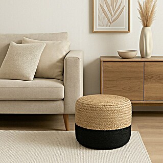 Puf Yute Bicolor (Ø x Al: 40 x 30 cm, Natural/Negro)