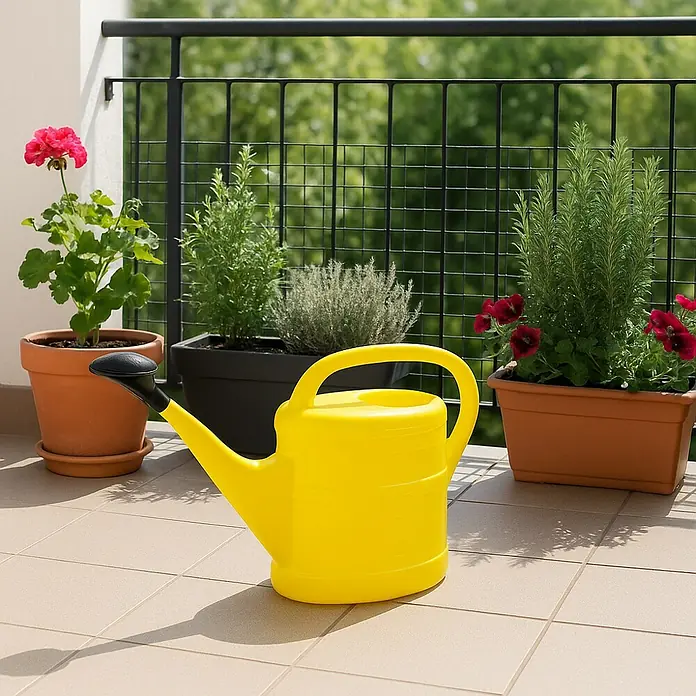 Geli Regadera Basic - Amarillo, 10 l - Una regadera amarilla está en el primer plano, rodeada de plantas en macetas y vegetación exuberante, mostrando una serena escena de jardín.