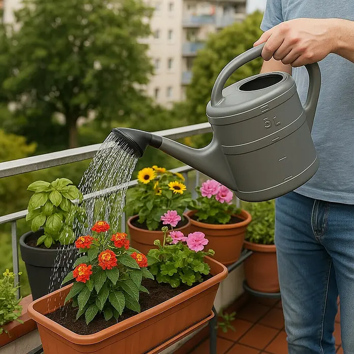 Geli Regadera Basic - Antracita, 5 l - Una regadera gris de 5L riega flores coloridas en un balcón, con una vista parcial del jardinero en jeans.