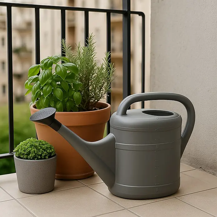 Geli Regadera Basic - Antracita, 10 l - Regadera gris junto a plantas en macetas en un balcón.