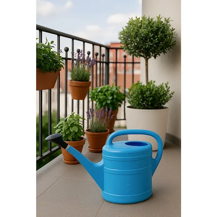 Geli Regadera Basic - Azul claro, 10 l - Una regadera azul reposa en un balcón en medio de plantas en maceta, con un elegante pico y asa negros.