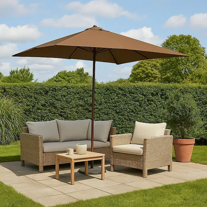 Sunfun Parasol Lian - Taupe, 300 x 200 cm, Madera - Conjunto de muebles de jardín con sombrilla marrón que consta de un sofá, sillón y mesa, ideal para relajarse al aire libre.