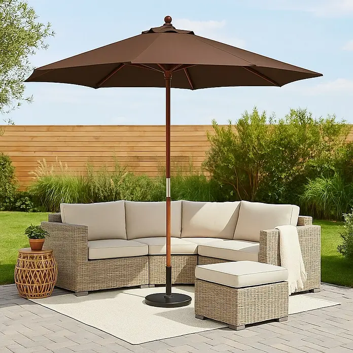 Sunfun Parasol Lian - Taupe, Diámetro de cobertura: 300 cm - Conjunto de jardín con sombrilla marrón, muebles de mimbre y cojines beige para momentos relajados. Oasis exterior con estilo.