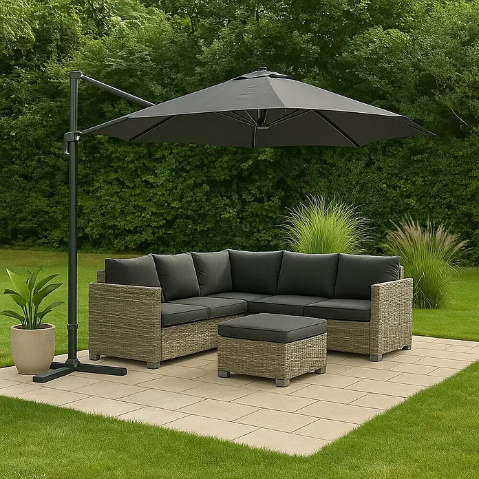 Sunfun Parasol de jardín Ligurien - Antracita, Diámetro de cobertura: 300 cm - Conjunto de muebles de jardín con sofá esquinero, otomana y sombrilla para relajarse al aire libre. El conjunto es de ratán y resistente a la intemperie.